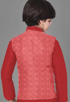 Embroidered Art Silk Kurta Set in Red