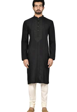 Embroidered Art Silk Kurta Set in Black