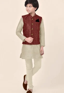 Embroidered Art Silk Kurta Set in Beige and Maroon