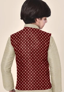 Embroidered Art Silk Kurta Set in Beige and Maroon