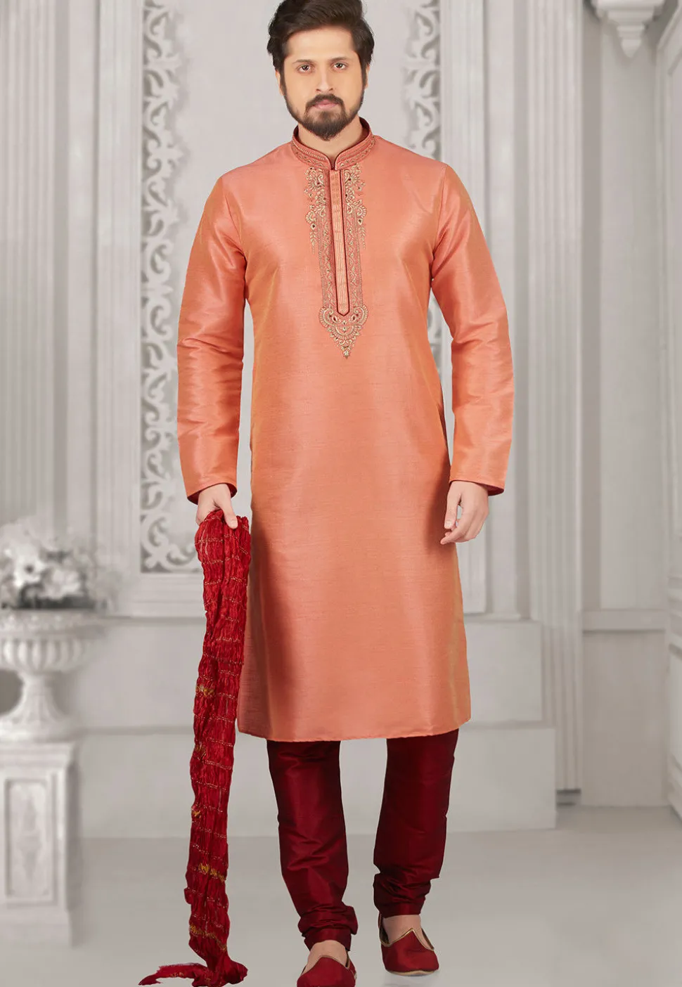 Embroidered Art Silk Kurta Set in Peach