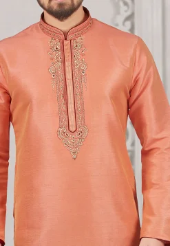 Embroidered Art Silk Kurta Set in Peach
