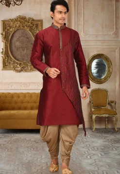 Embroidered Art Silk Kurta Set in Maroon