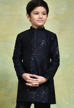 Embroidered Art Silk Kurta in Navy Blue