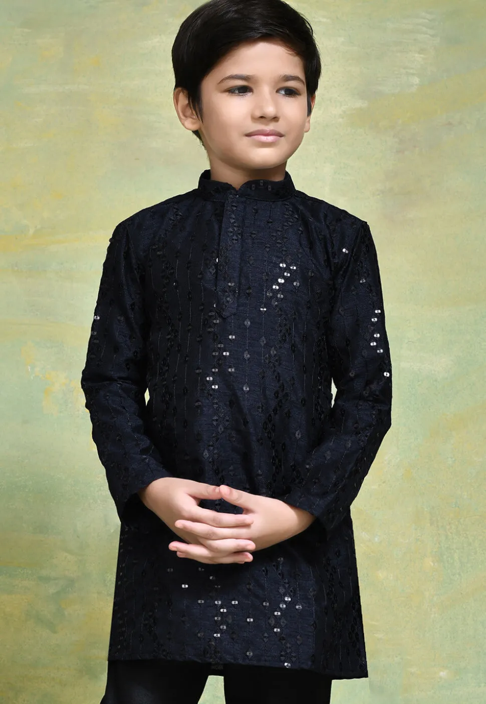 Embroidered Art Silk Kurta in Navy Blue
