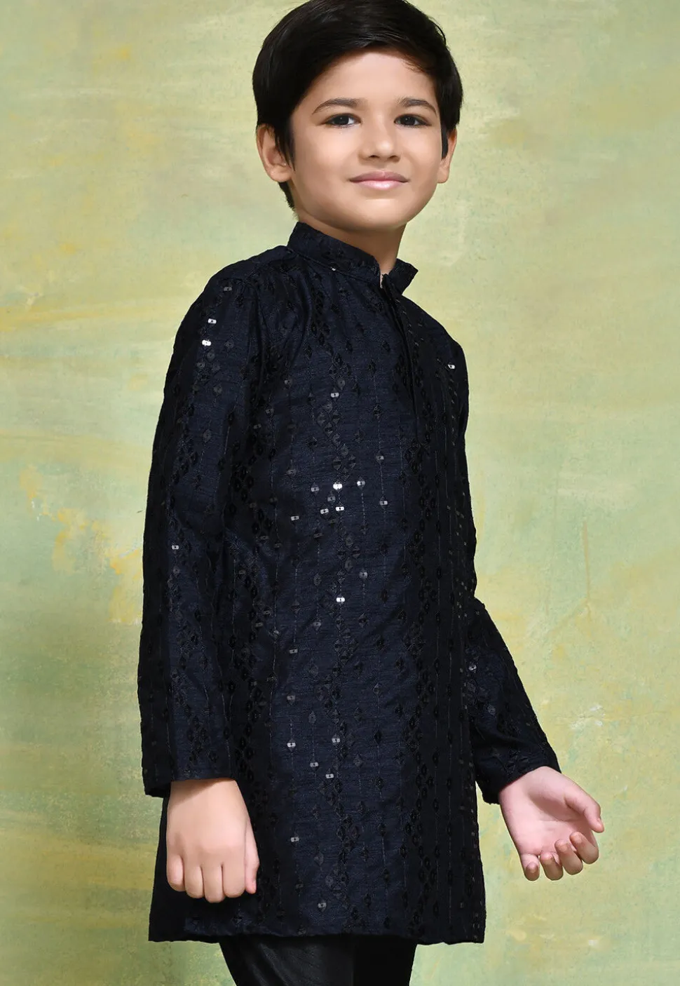 Embroidered Art Silk Kurta in Navy Blue