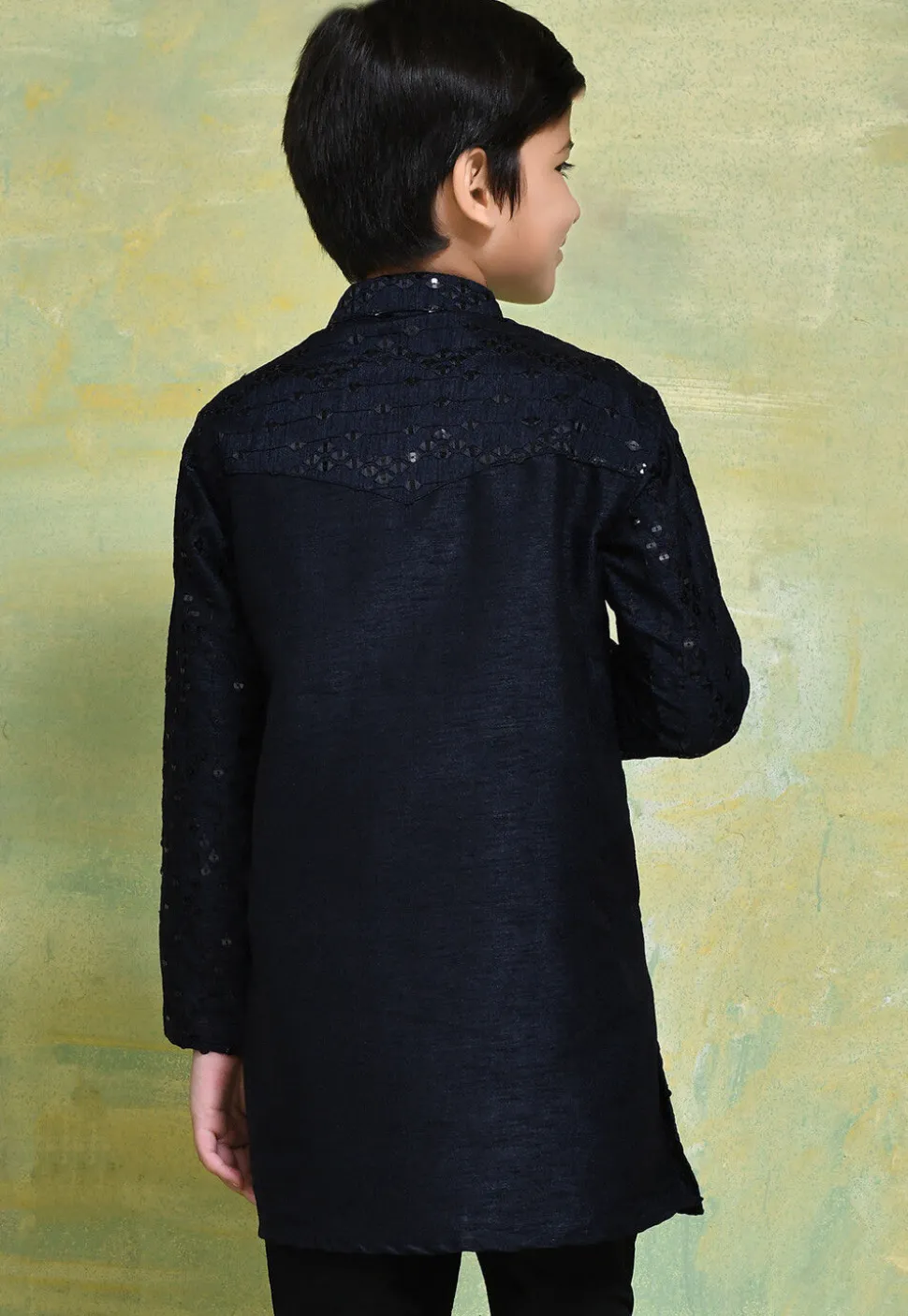 Embroidered Art Silk Kurta in Navy Blue