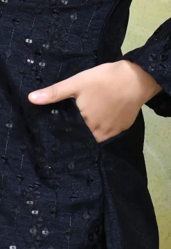 Embroidered Art Silk Kurta in Navy Blue