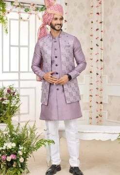 Embroidered Art Silk Kurta Set in Light Purple