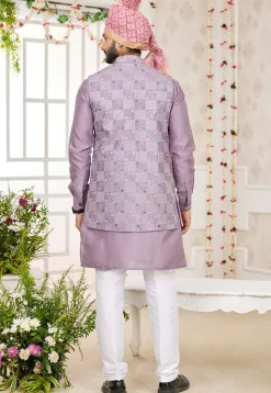Embroidered Art Silk Kurta Set in Light Purple