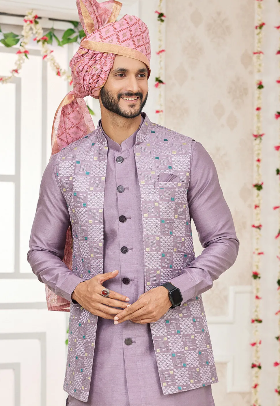 Embroidered Art Silk Kurta Set in Light Purple