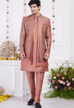 Embroidered Art Silk Kurta Set in Rust