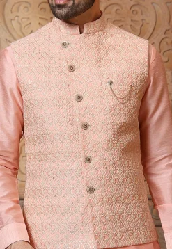 Embroidered Art Silk Kurta Jacket Set in Peach