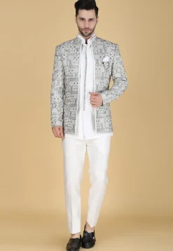 Embroidered Art Silk Kurta Set in White