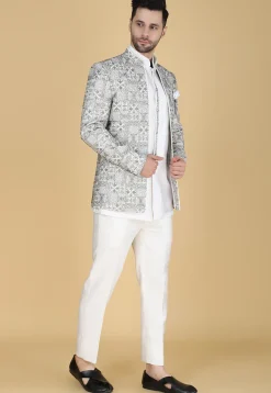 Embroidered Art Silk Kurta Set in White