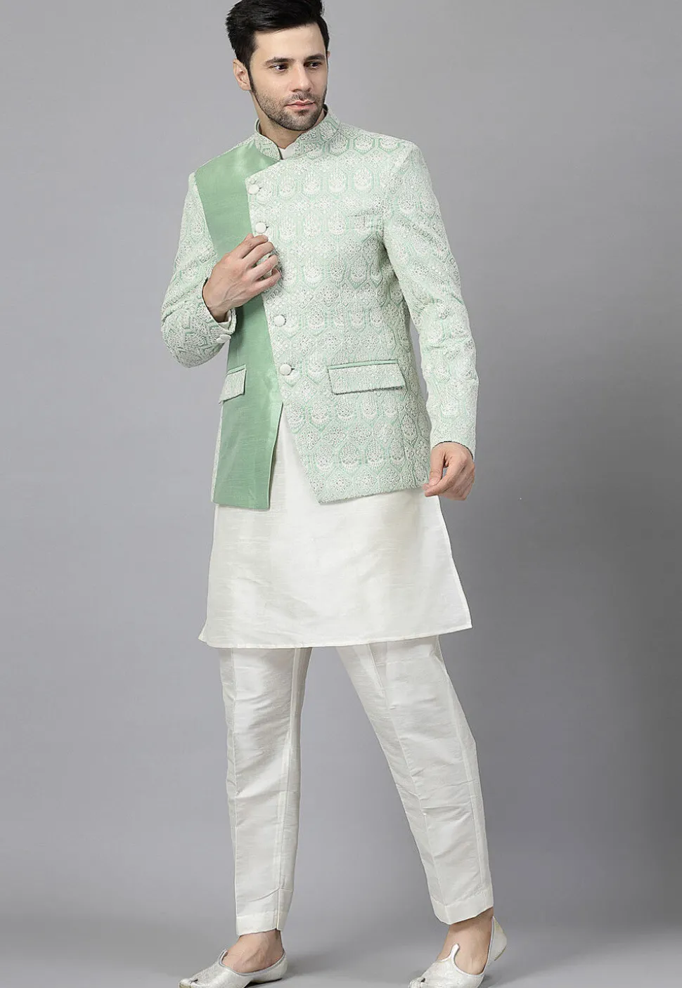 Embroidered Art Silk Kurta Set in Off White and Light Green