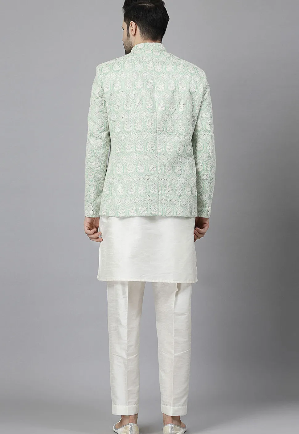Embroidered Art Silk Kurta Set in Off White and Light Green