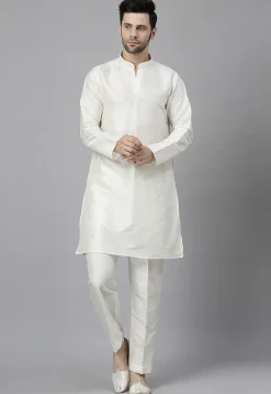 Embroidered Art Silk Kurta Set in Off White and Light Green