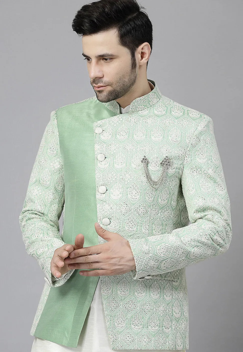 Embroidered Art Silk Kurta Set in Off White and Light Green