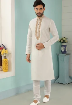 Embroidered Art Silk Kurta Set in Off White