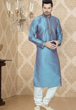 Embroidered Art Silk Kurta Churidar in Teal Blue