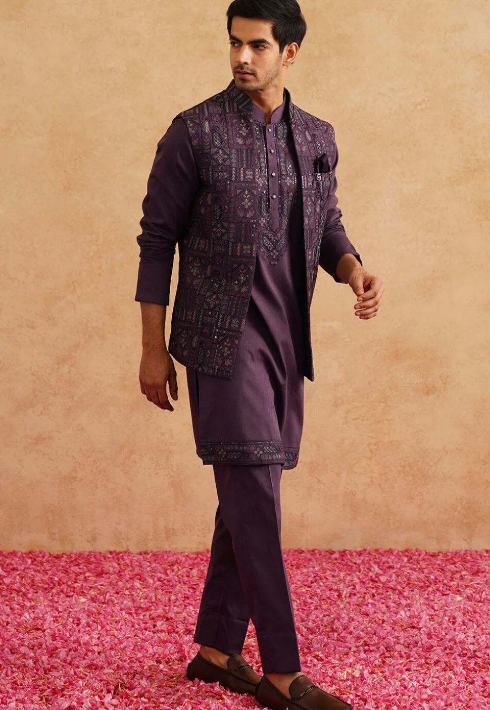 Embroidered Art Silk Kurta Set in Violet
