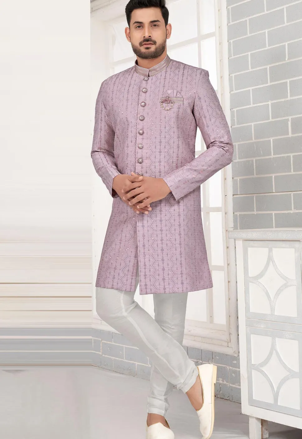 Embroidered Art Silk Kurta Set in Purple