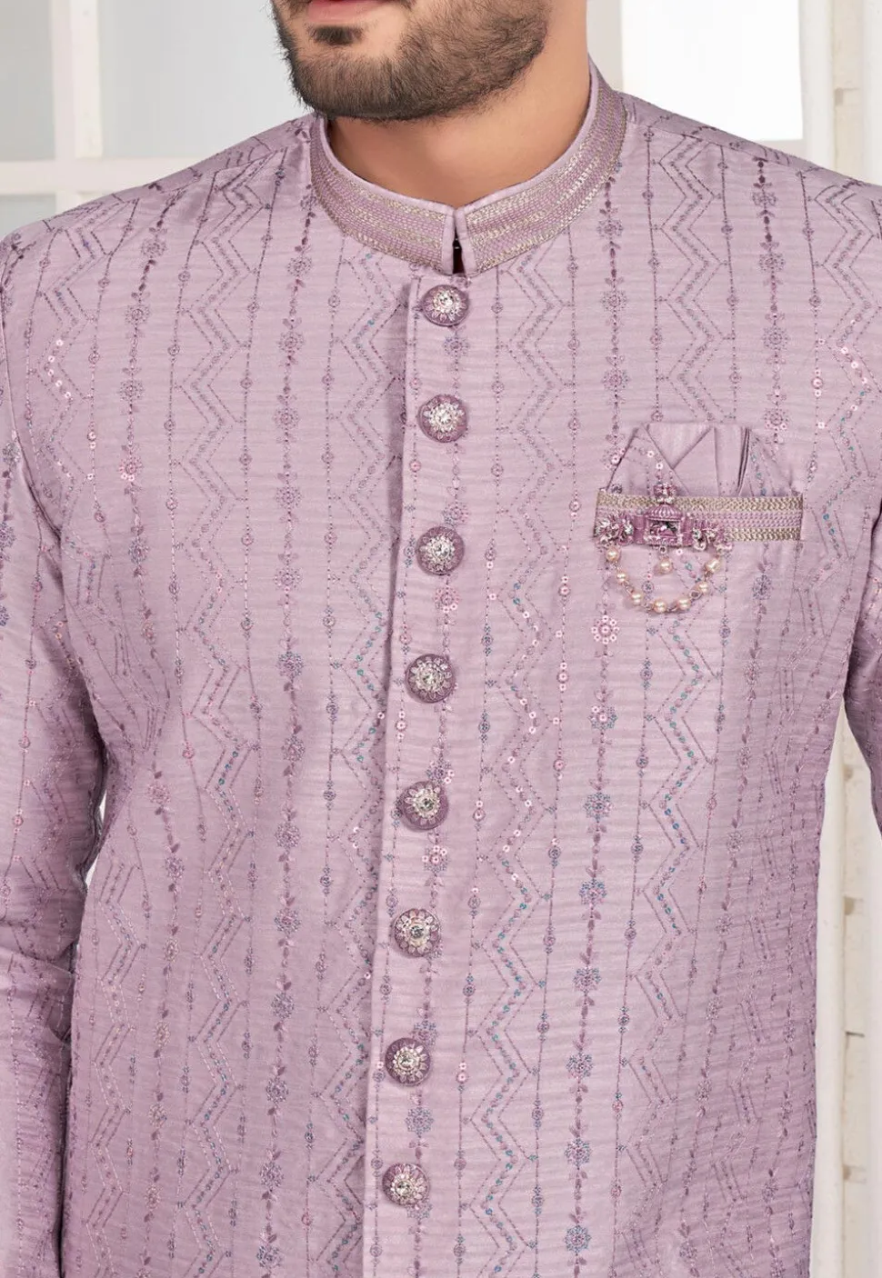 Embroidered Art Silk Kurta Set in Purple