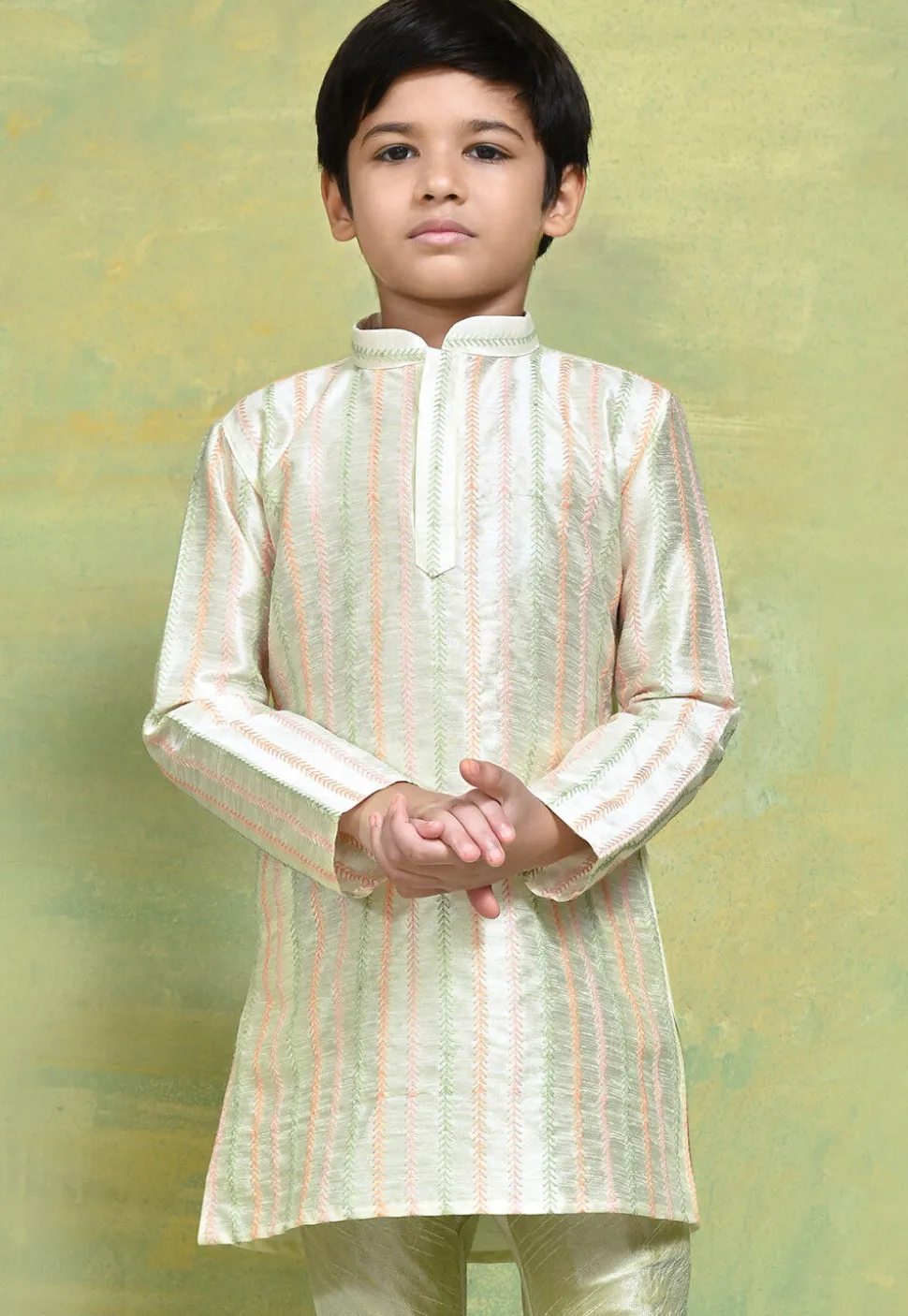 Embroidered Art Silk Kurta in Light Beige