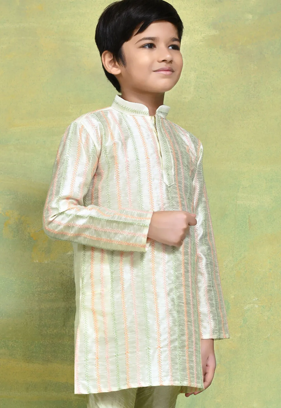Embroidered Art Silk Kurta in Light Beige