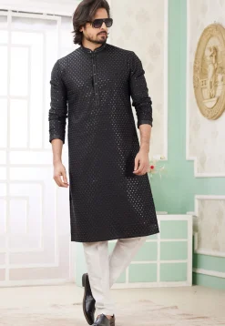 Embroidered Art Silk Kurta Set in Black
