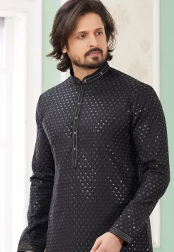 Embroidered Art Silk Kurta Set in Black