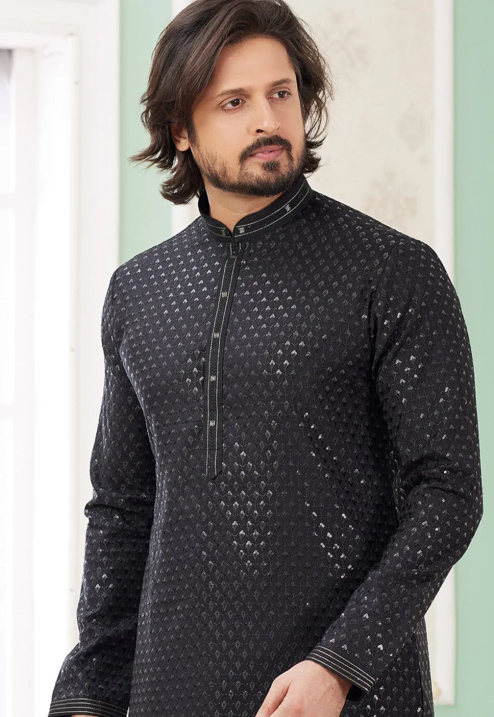 Embroidered Art Silk Kurta Set in Black