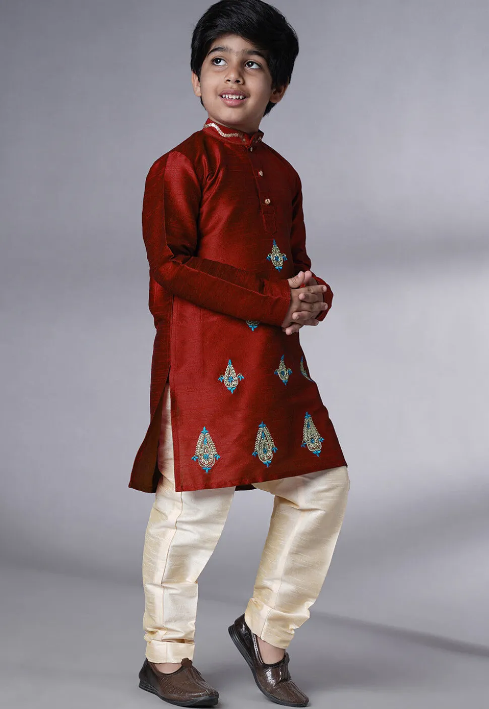 Embroidered Art Silk Kurta Set in Maroon