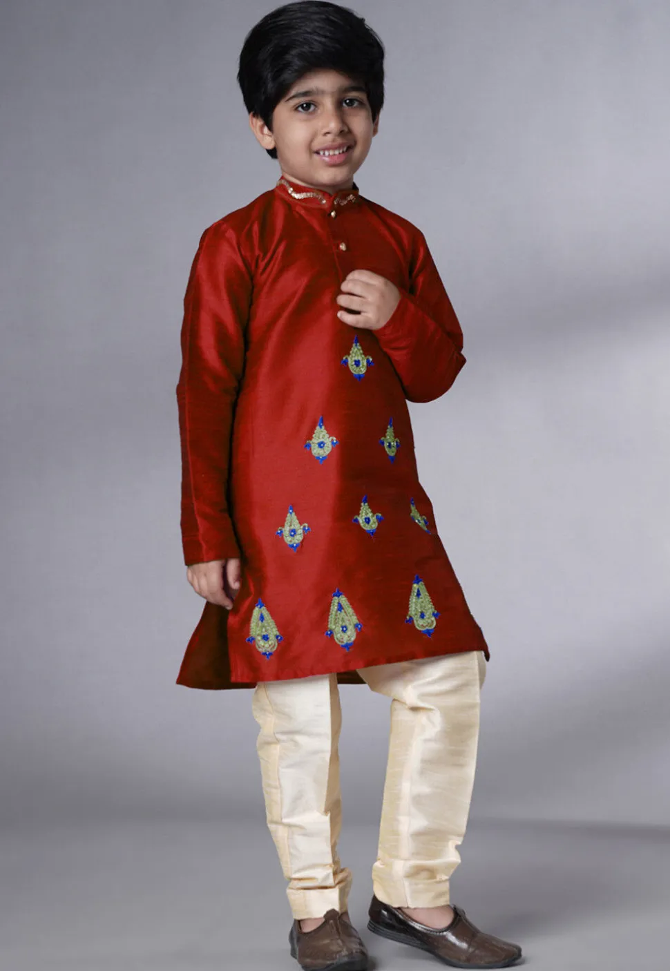 Embroidered Art Silk Kurta Set in Maroon