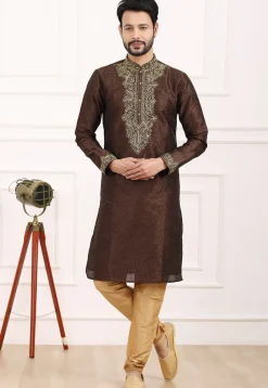 Embroidered Art Silk Kurta Set in Brown