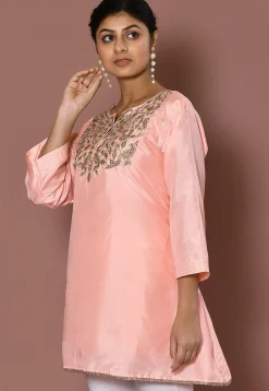 Embroidered Art Silk Kurti in Peach