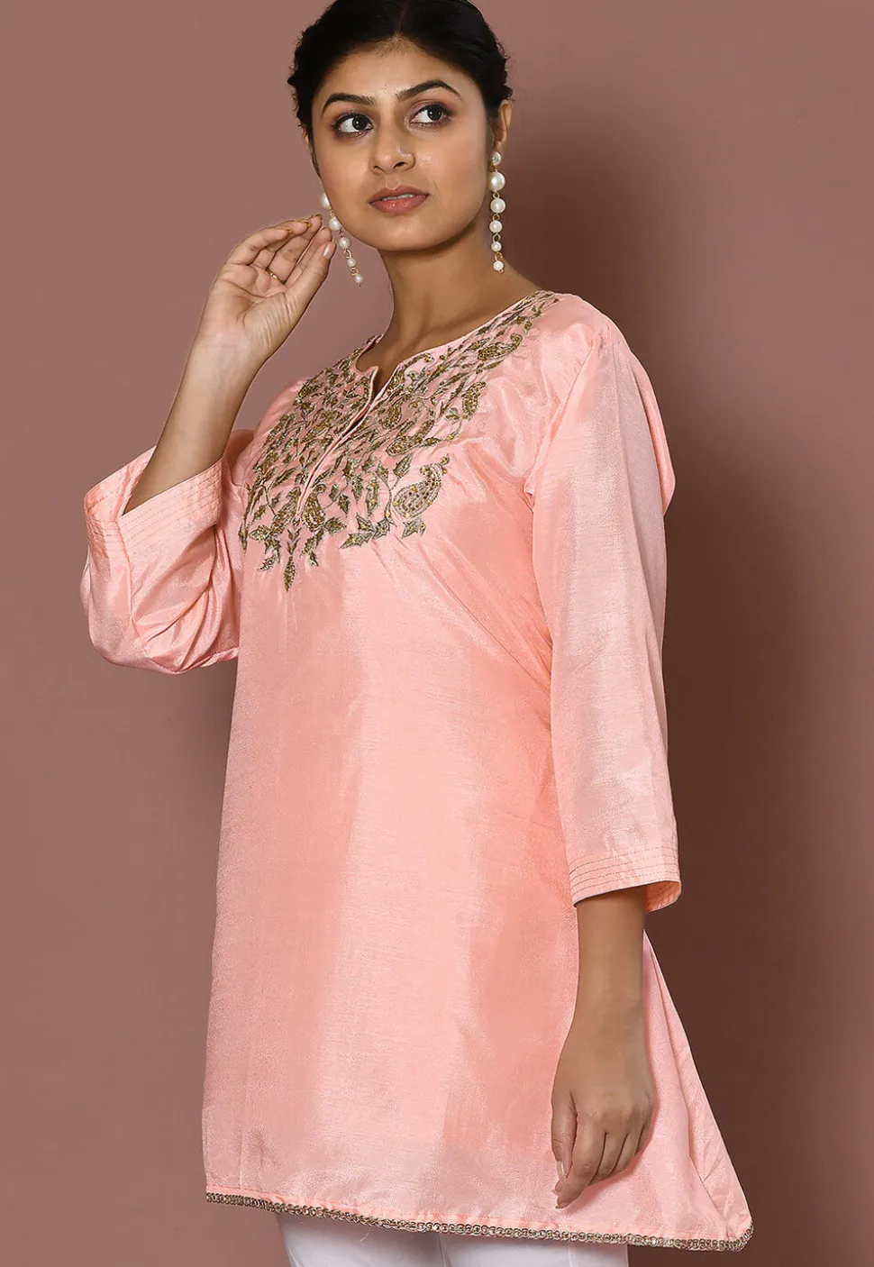 Embroidered Art Silk Kurti in Peach
