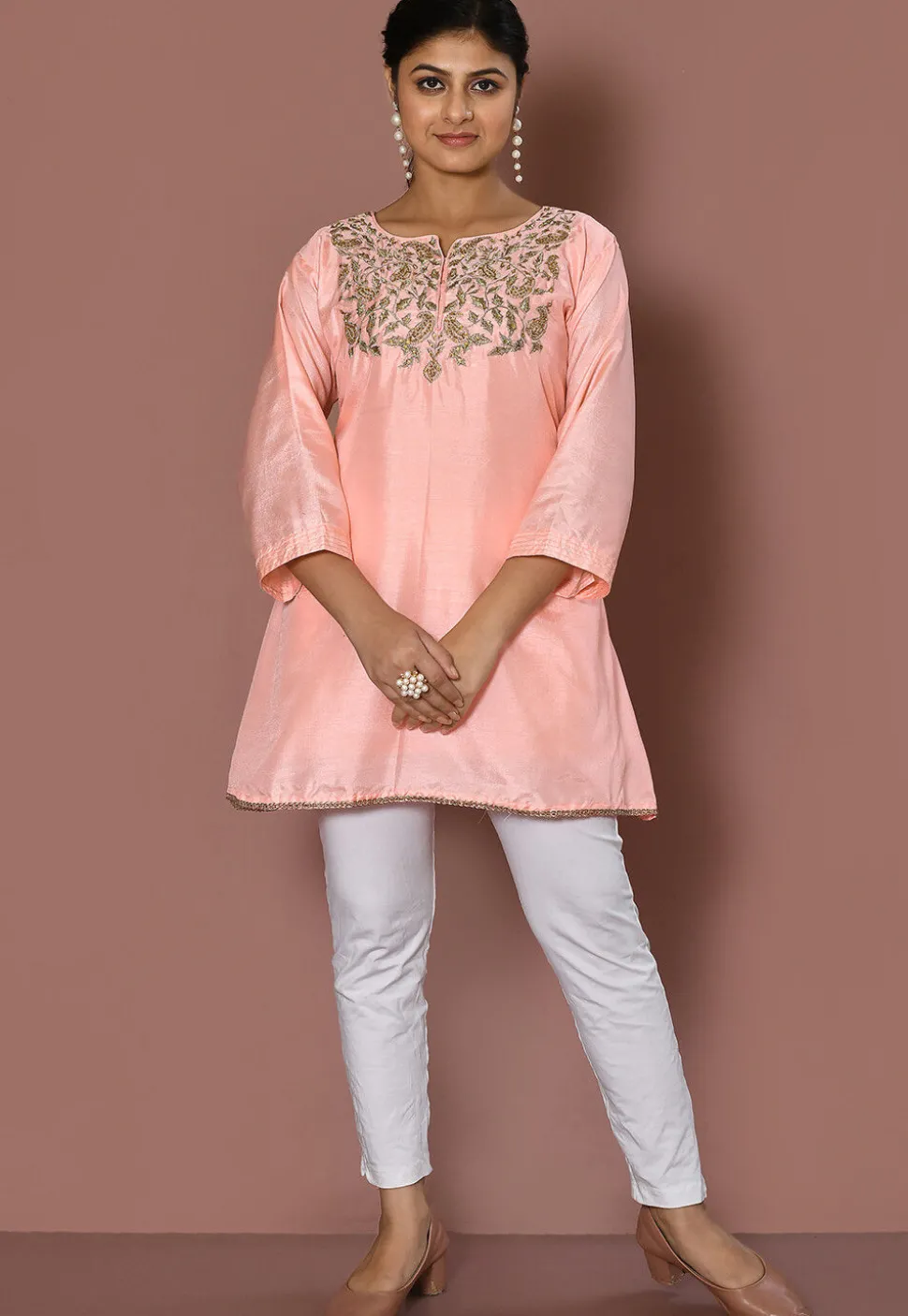 Embroidered Art Silk Kurti in Peach