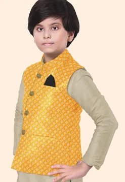 Embroidered Art Silk Kurta Set in Beige