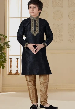 Embroidered Art Silk Kurta Set in Black