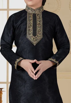 Embroidered Art Silk Kurta Set in Black