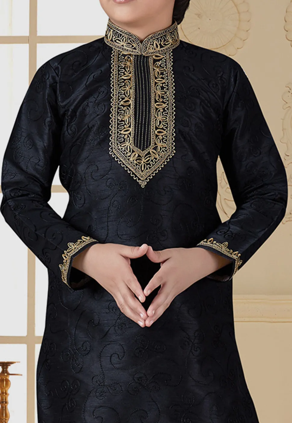Embroidered Art Silk Kurta Set in Black