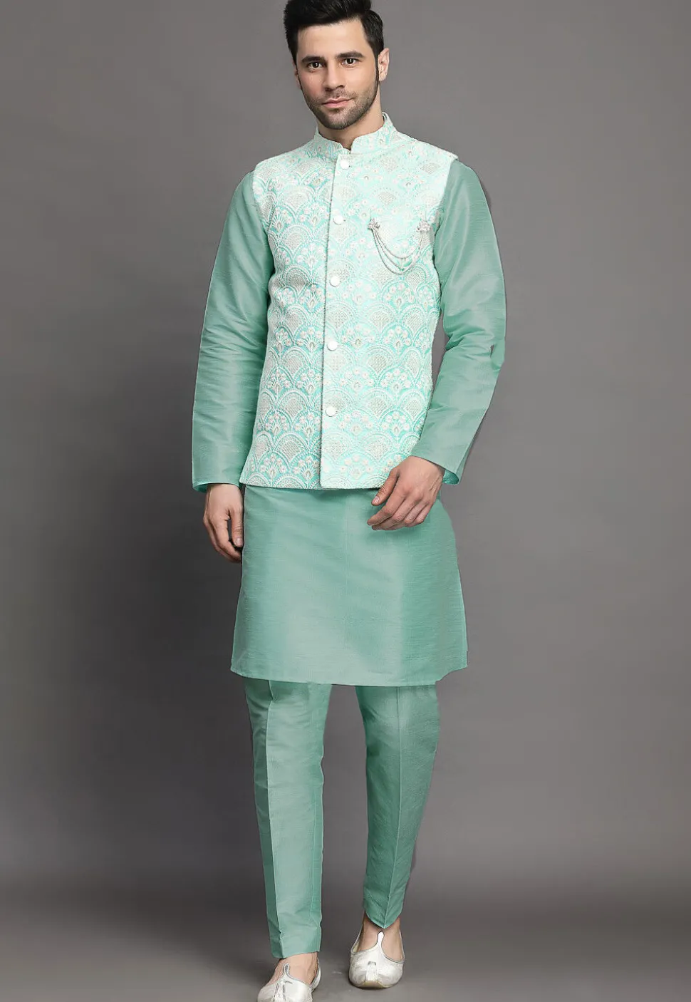 Embroidered Art Silk Kurta Jacket Set in Sky Blue