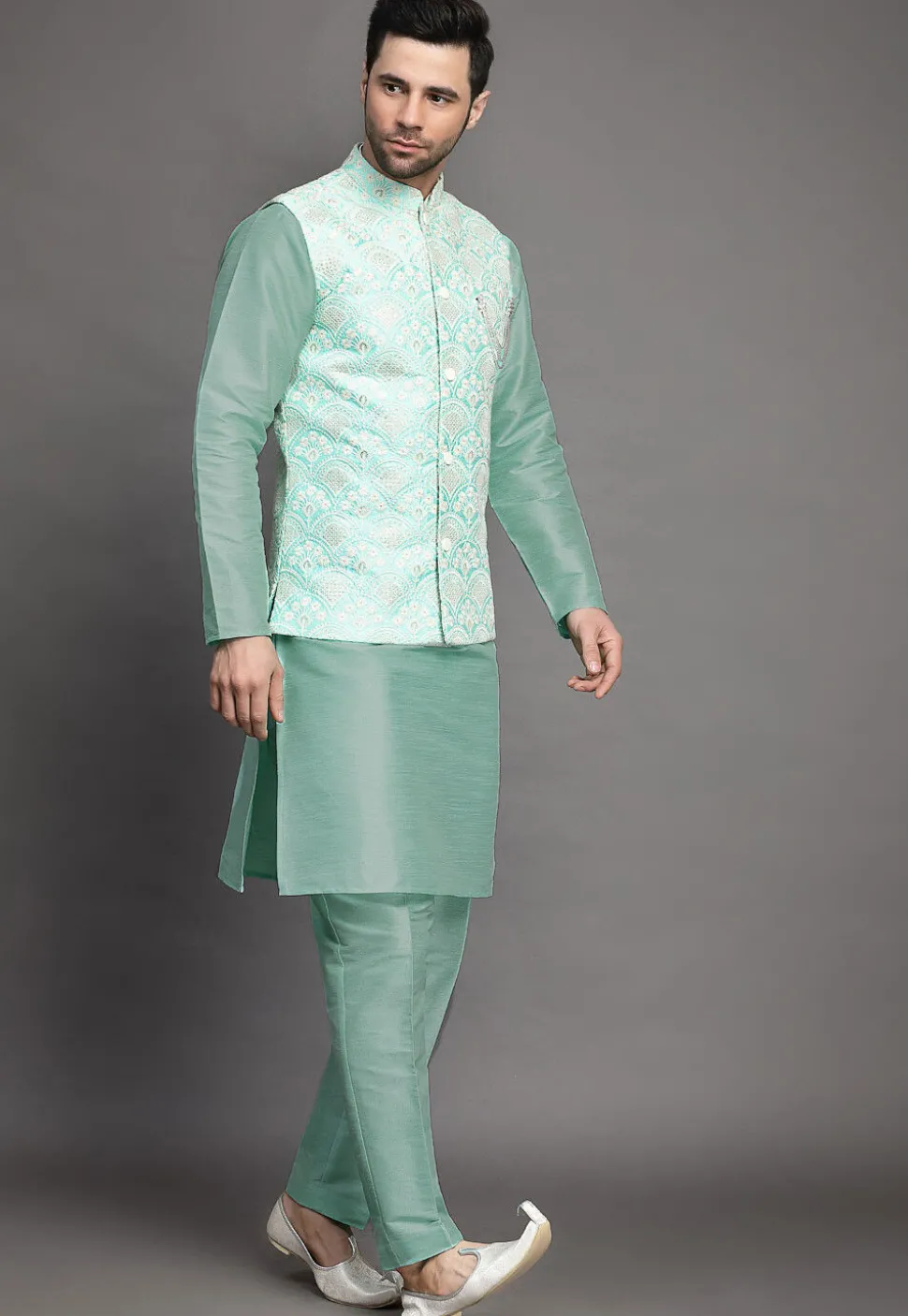 Embroidered Art Silk Kurta Jacket Set in Sky Blue
