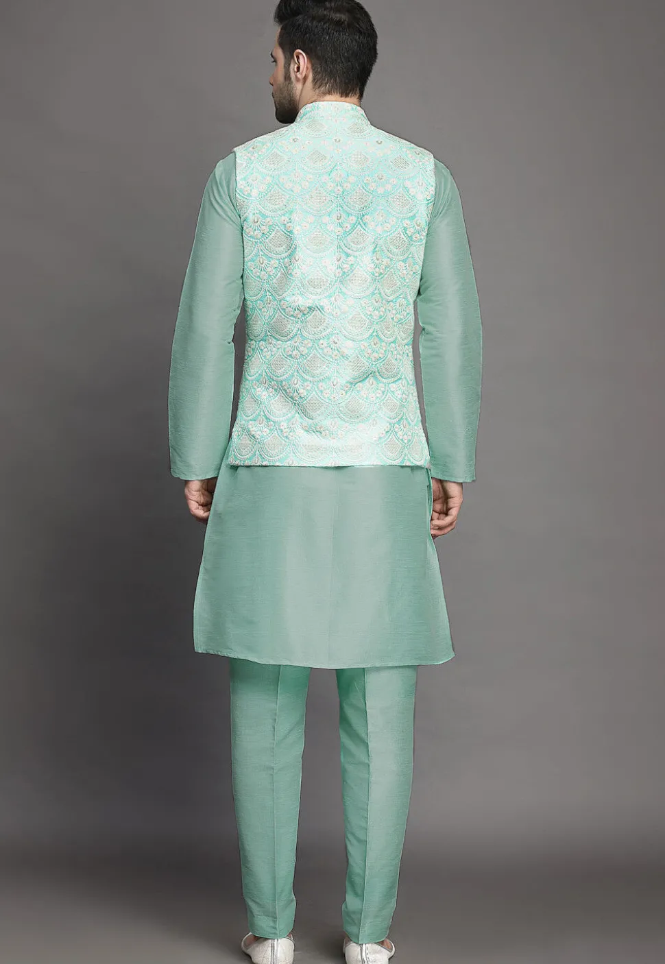 Embroidered Art Silk Kurta Jacket Set in Sky Blue