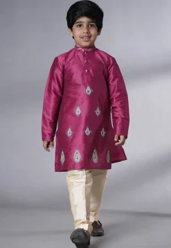 Embroidered Art Silk Kurta Set in Magenta