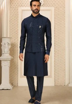 Embroidered Art Silk Kurta Jacket Set in Navy Blue