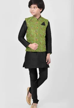 Embroidered Art Silk Kurta Set in Black
