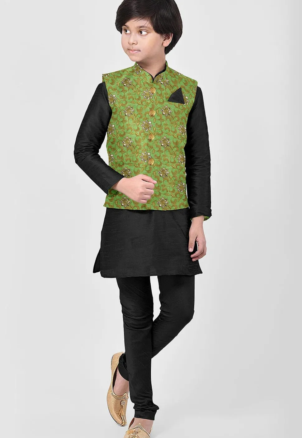 Embroidered Art Silk Kurta Set in Black